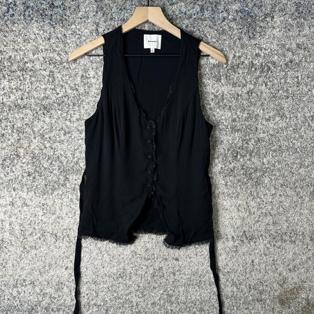 Reformation Vest Womens 8 Black Button Front Lace Trim Tie Waist‎ Top Blouse